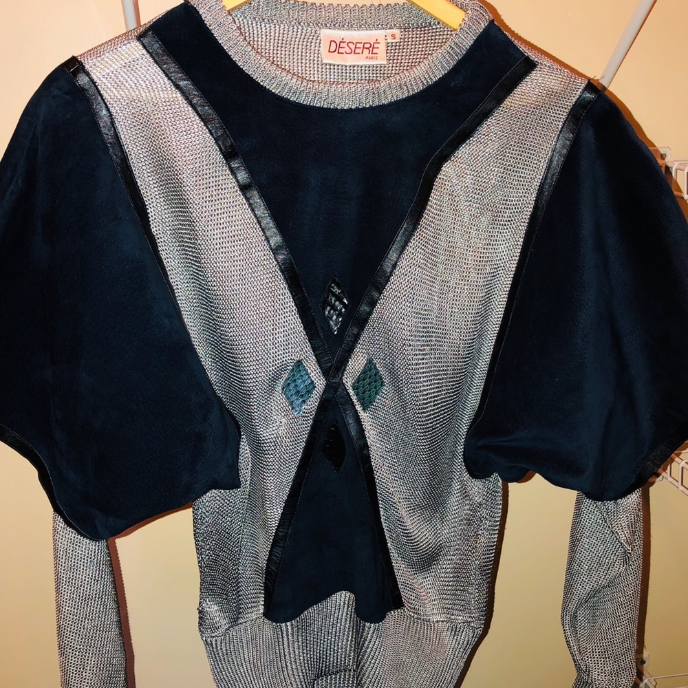 Unique and timeless Desere crew neck suede, leather & rayon sweater